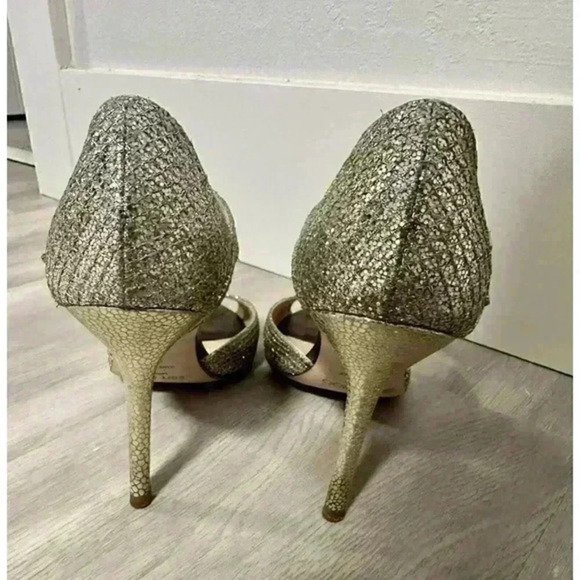 Jimmy Choo Gold Coarse Glitter Peep Toe Ankle Strap‎ Sandals Size 35 1/2 - Picture 11 of 16